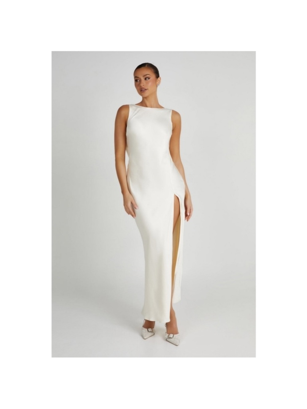 Meshki Gemma Ivory Satin Maxi Dress with High Side Slit
